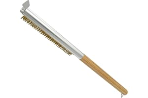 Manucode 20.5 Inch Pizza Oven Brush with Scraper, Brass Bristles Brush with Aluminum Alloy Shell for Cleaning Pizza Stones in Working Pizza Oven, Wood Handle, Quick 10-Second Setup