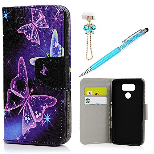 LG G6 Case Wallet, KASOS Colorful Painting Dreamy Purple Butterfly PU Leather TPU Inner Shell Kickstand Card Holders Magnetic Front Closure Bumper Cover & Dust Plug & Stylus - Purple Butterfly