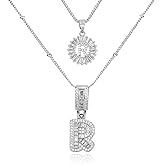 MEIITRUE Initial Letter Necklace for Women 14k White Gold Silver Plated Dainty Necklaces Trendy Chunky Custom Layered Necklace Set Personalized Round Circle Zirconia A-Z Letter Chain Pendant Jewelry Gift