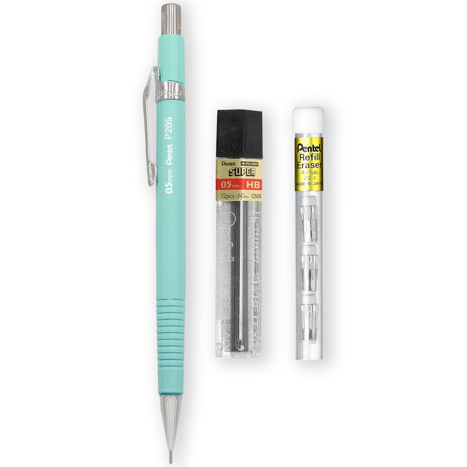 Pentel P205-97C Mechanical Automatic Pencil - Pastel Floral Range - Single + 12 Hi-Polymer HB 0.5mm Refill Leads + Z2-1N Eraser Refills Tube of 4 (Pastel Green)