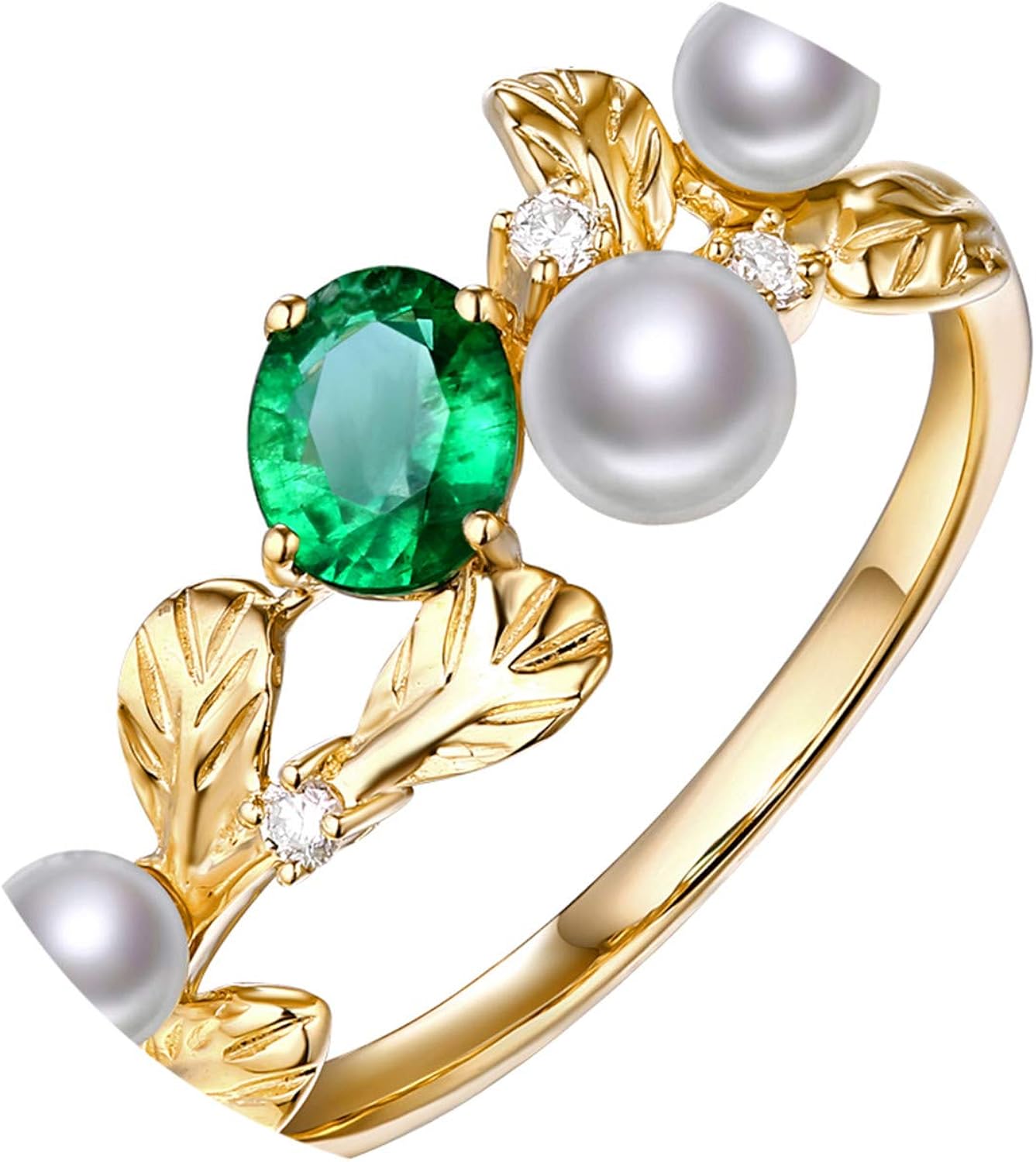 14K Yellow Gold Natural 0.32Ct Emerald Pearl Diamond Vintage Engagement
