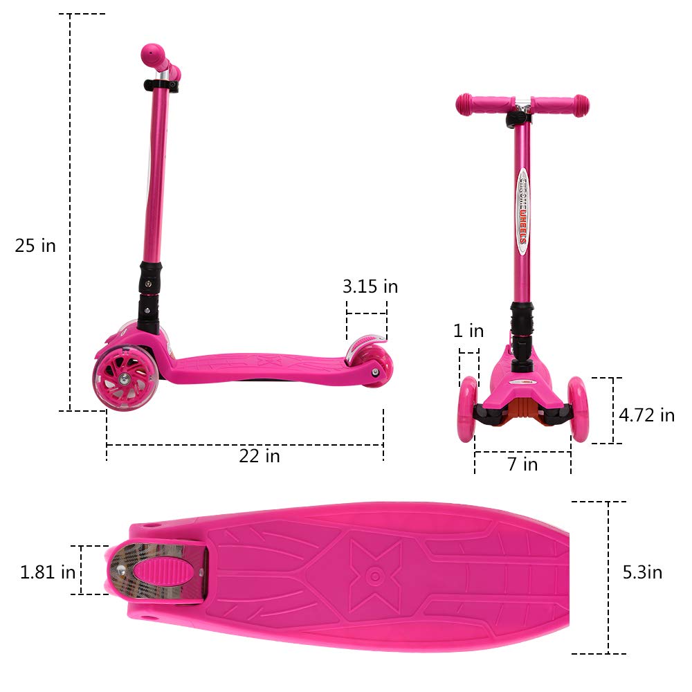 ChromeWheels Foldable Scooters for Kids, Deluxe Kick Scooter 4 Adjustable Height 132lbs Weight Limit 3 Wheel, Lean to Steer LED Light Up Wheels, Best Gifts for Girls Boys Age 3-12 Year Old