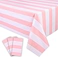 Kesfey 3 Packs Pink and White Vertical Striped Tablecloth 54 x 108 Inch Pink Stripe Table Cloths Disposable Plastic Stripe Table Covers Waterproof Pink Striped Picnic Table Cover for Birthday Party