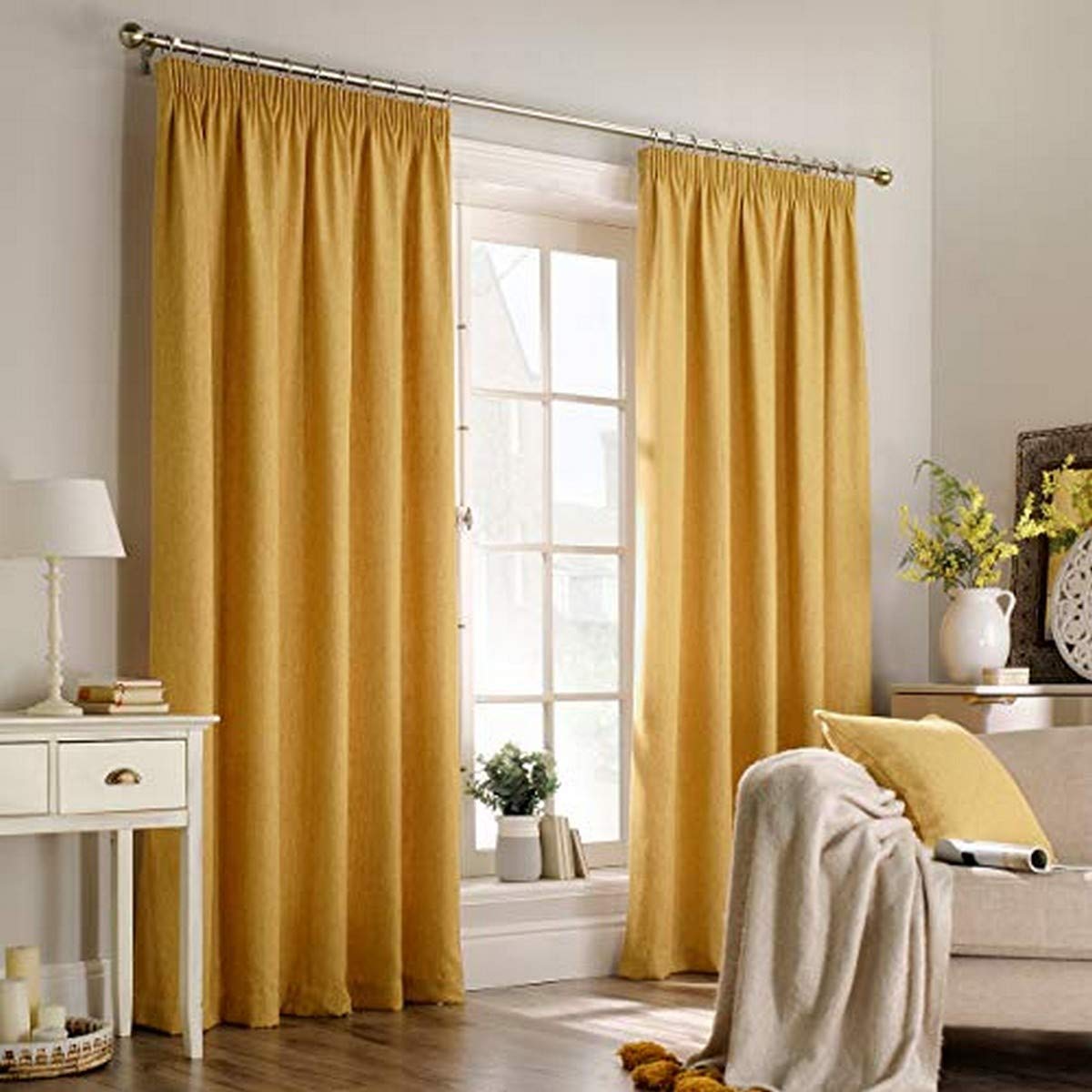 Furn Harrison Ringtop Eyelet Curtains (Pair) -Ready Made-Polyester-Ochre-168cm x 137cm, Polyester, Ochre Yellow, 168 x 137cm (66" x 54" inches)