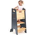 Toddler Tower with a Sliding Door and 3 Adjustable Heights - Complete Toddler Kitchen Stool Helper with Support Feet - Safe Design for 18+ Months to 6-Year-Old Kids - Gray