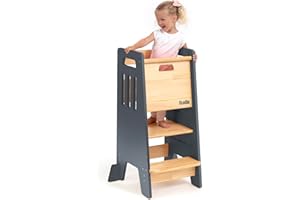 OCODILE Toddler Tower with a Sliding Door and 3 Adjustable Heights - Complete Toddler Kitchen Stool Helper with Support Feet - Safe Design for 18+ Months to 6-Year-Old Kids - Gray