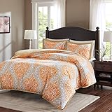 Comfort Spaces Coco 3 Piece Queen Duvet Cover Zipper Closure and Corner Ties Damask Print Decor Ultra Soft Microfiber Luxury Bedding-Set, Full, Orange/Taupe