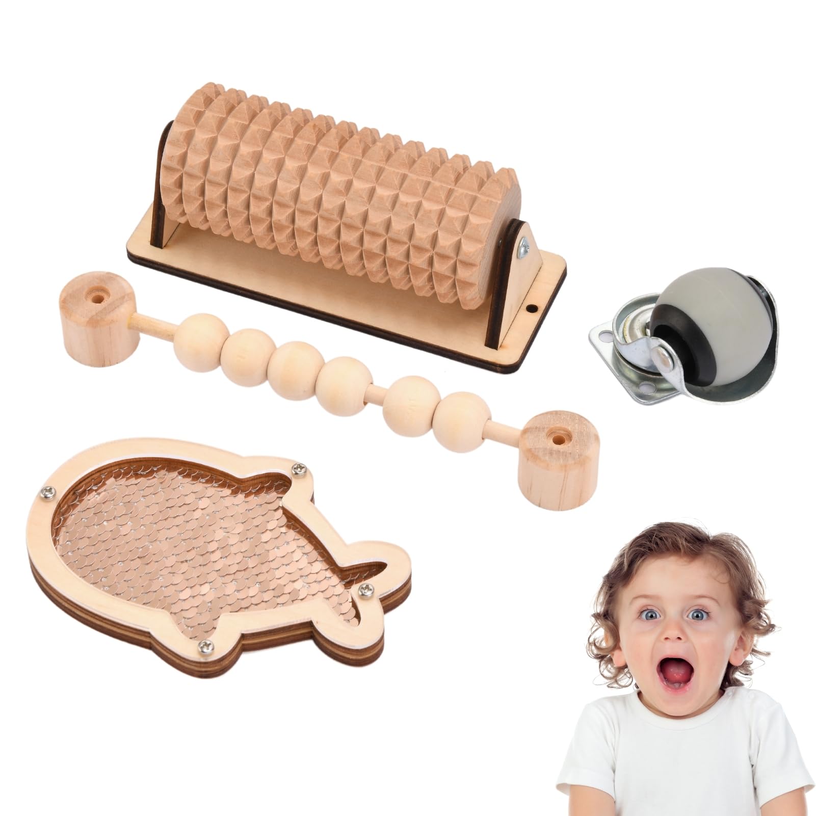 4 Pieces Busy Board DIY Parts - Montessori DIY Materials for Parents - Sensory Board Accessories -Wheels-Flip Sequin Fish-Wooden Roller-Beads - Educational Items