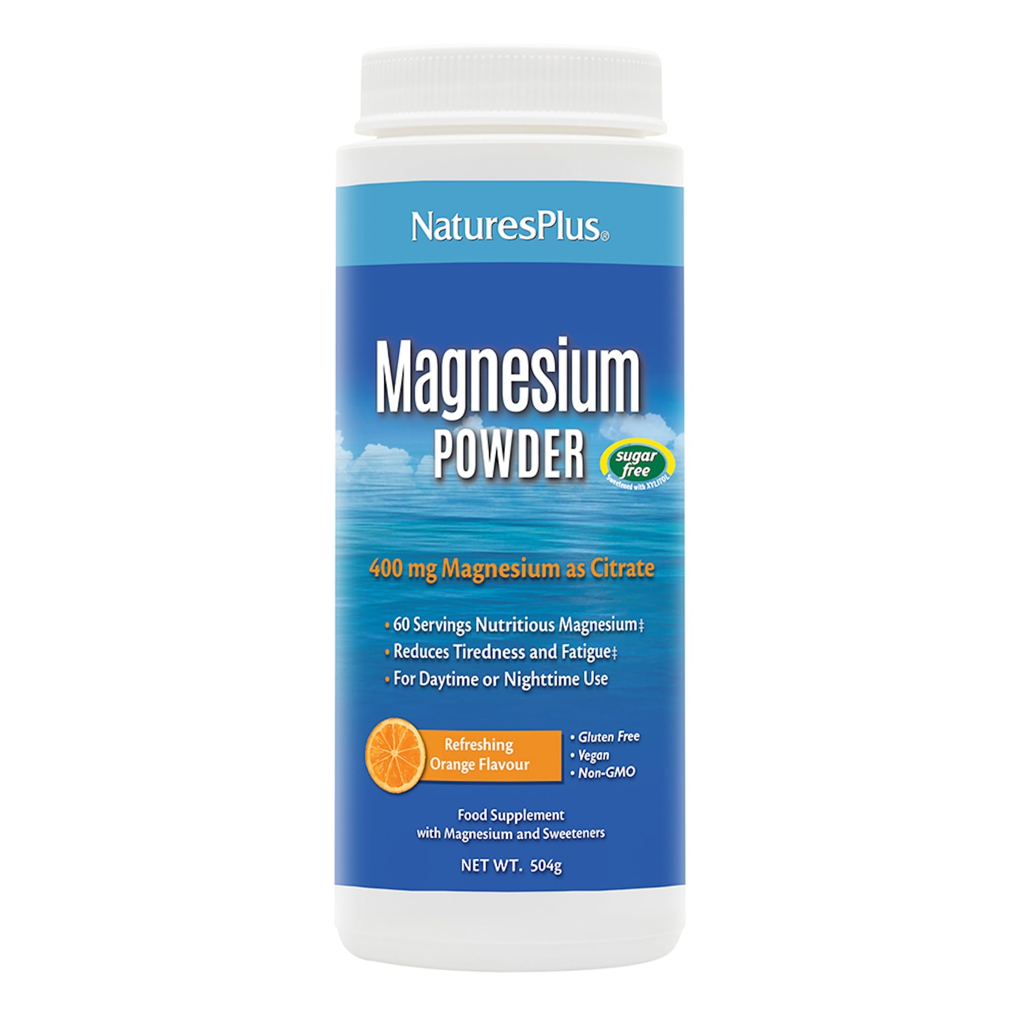 NaturesPlus Magnesium Powder Orange Flavour - 400mg Natural Magnesium Citrate Supplement, Easy to Mix - Energy and Relaxation for Mind and Body - Vegan, Gluten Free - 60 Servings