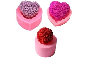 MOLDFUN 3Pcs/Set 3D Heart & Ball Shaped Rose Candle Molds Small Mini Silicone Rose Flowers Mold for Making Aromatherapy Beeswax Candle Soap Lotion Bar Crayon Wax Melt Polymer Clay Cake Decorating Tool