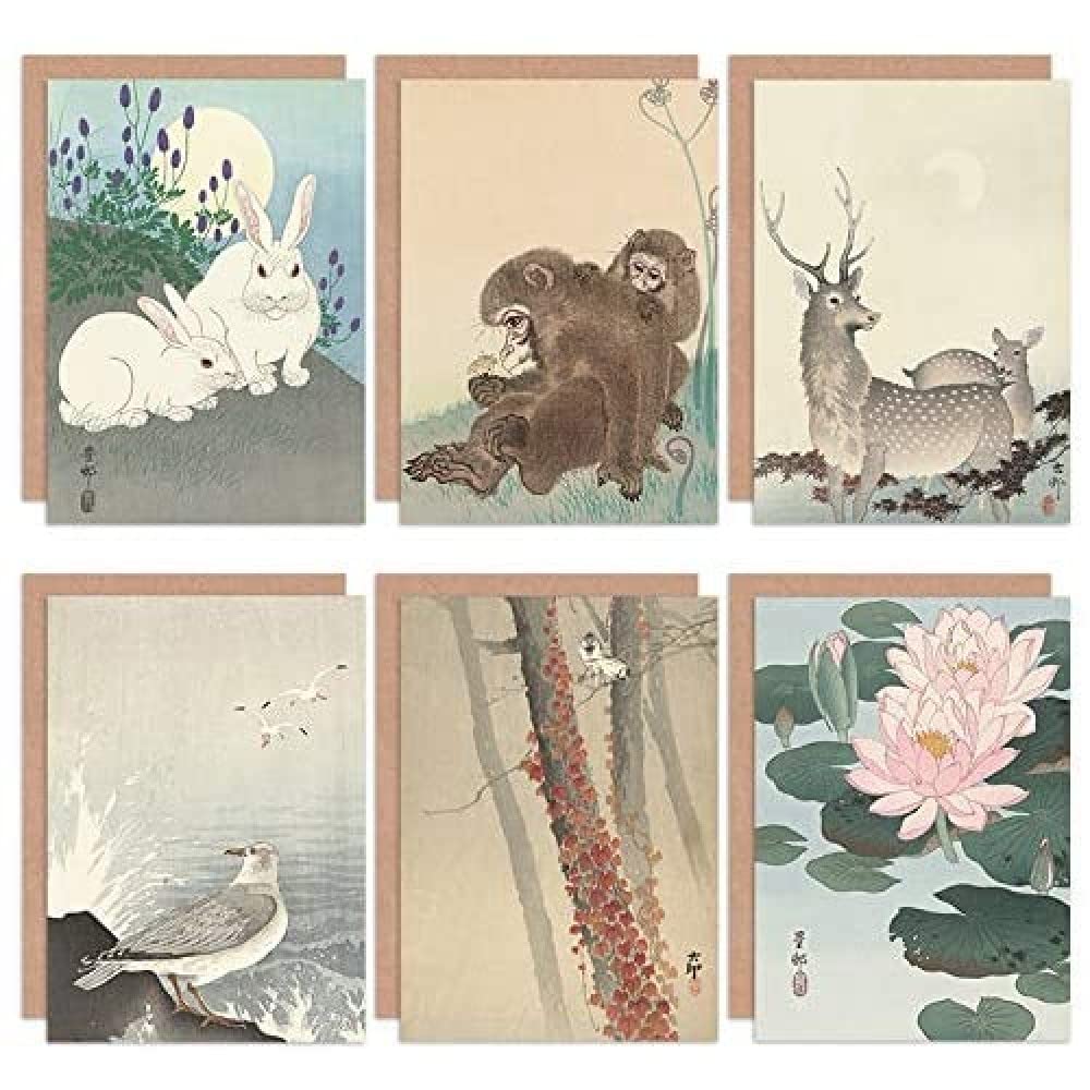 Artery8 Ohara Koson Japanese Lily Ivy Seagull Deer Monkey Butterfly Rabbits Fine Art Greeting Card Pack of 6