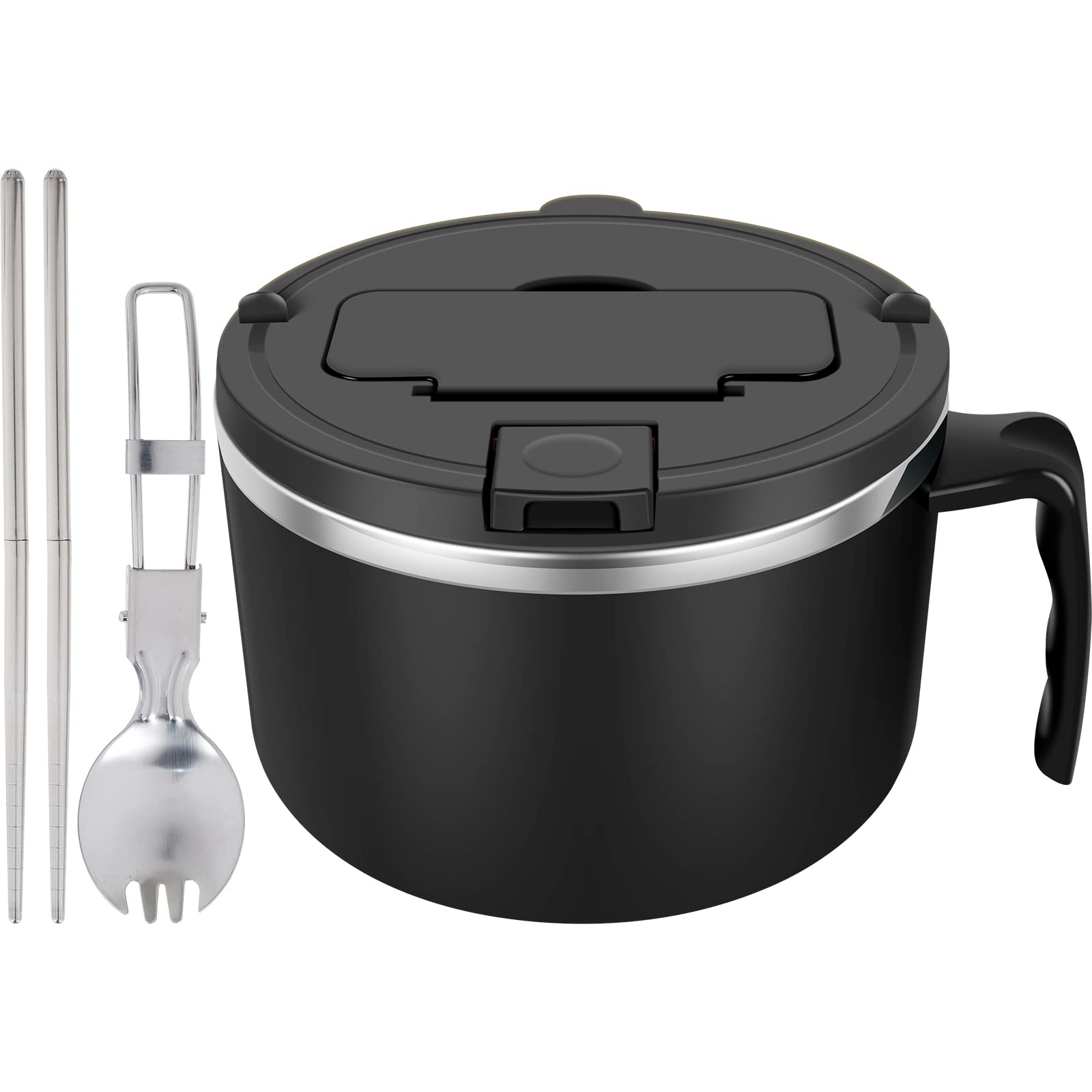 GUIJZSLTRG 1200ml Rapid Ramen Bowl with Filterable Lid, 304 Stainless Steel Noodle Bowl Set with Spoon Chopsticks BPA Free Ramen Cooker Bowls with Handle Dishwasher Safe for Dorm Home Office