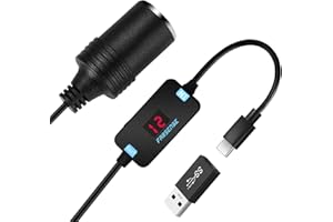 FARSENSE USB A to 12V Cigarette Lighter Adapter(36W)-USB C Male to Cigarette Lighter Female Socket PD Trigger Cable(2FT) with Switching Voltage and Display Voltage,for Dash Cam,GPS,Etc