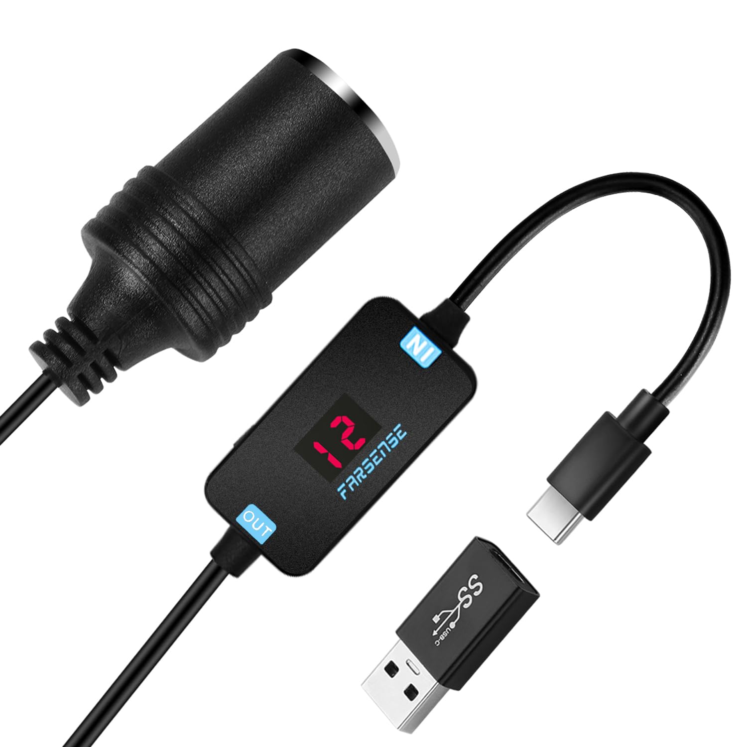 Photo 1 of FARSENSE USB A to 12V Cigarette Lighter Adapter(36W)-USB C Male to Cigarette Lighter Female Socket PD Trigger Cable(2FT) with Switching Voltage and Display Voltage,for Dash Cam,GPS,Etc