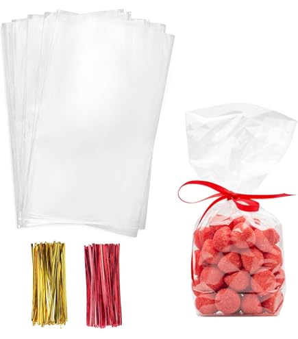 Lot De 2 Sacs Cadeaux En Cellophane Transparent De 20,3 X 40,6 Cm Avec 200 Torsions Dorées Et Argentées Pour Emballer Des Cadeaux, Du Vin, Des Bonbons, Des Fêtes