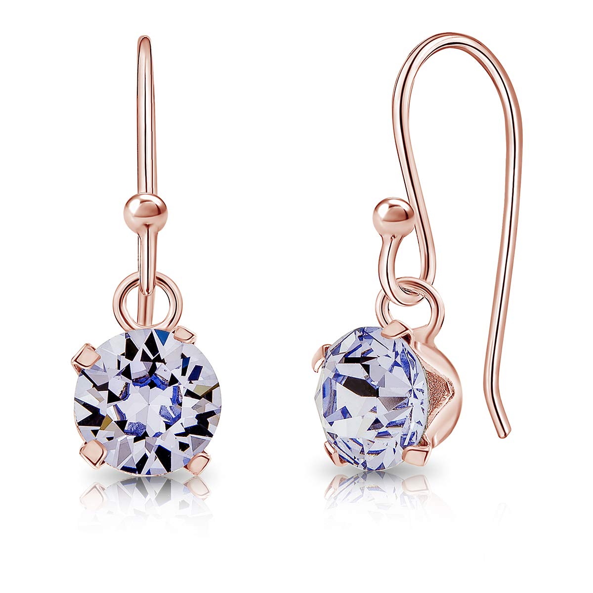 DTPSilver - 925 Sterling Silver Rose Gold Plated Round Hook Dangle/Drop Earrings made with Glittering Crystals from Swarovski® Elements - Diameter: 6 mm - Colour : Provence Lavender