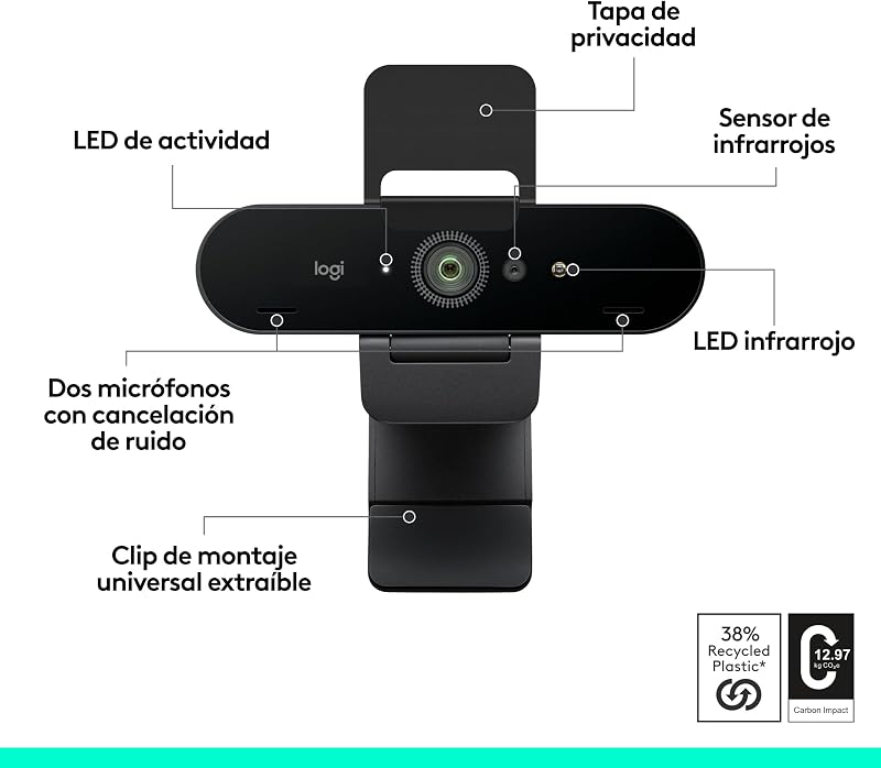 Webcam Brio 4K, chamadas de vídeo, cancelamento de ruído do microfone, correção automática de iluminação HD, Microsoft Teams, Zoom, Google Voice, Google Meet, PC/Mac/portátil/Macbook - Grafite