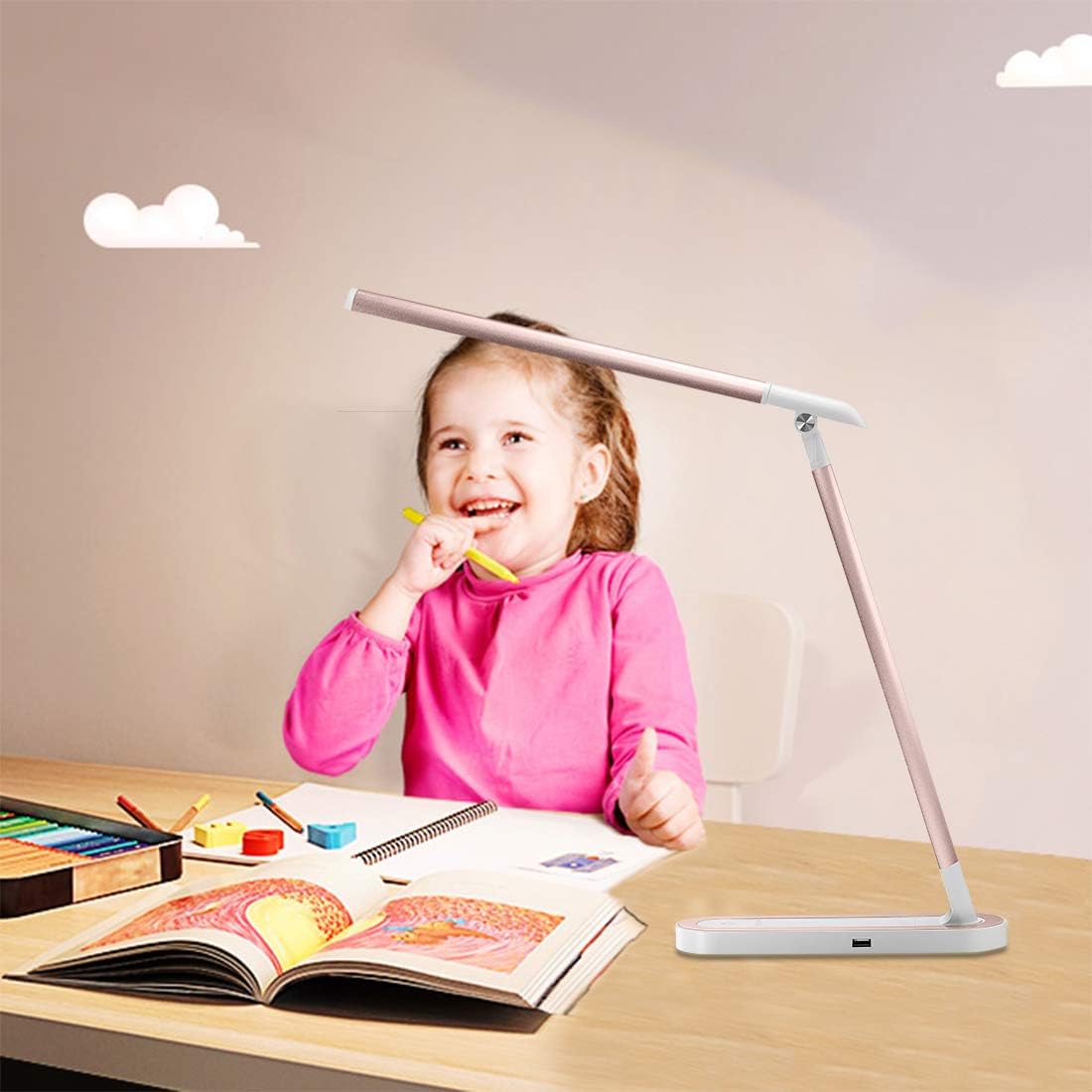 HDTIME Desk LED Lamp with USB Charging Port Touch-Sensitive Control 3 Lighting Modes with 3 Brightness Levels 32PCS LEDs for Study, Office and Home(Pink): Home Improvement