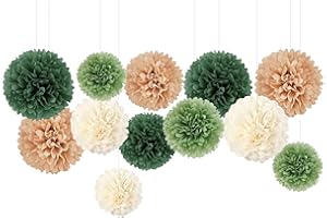 Capesaro Olive Sage Green 12PCS Paper Pom Poms Party Decorations for Natural Green Boho Safari Jungle Party,Hanging Tissue Paper Flowers for Engagement,Wedding,Baby Shower