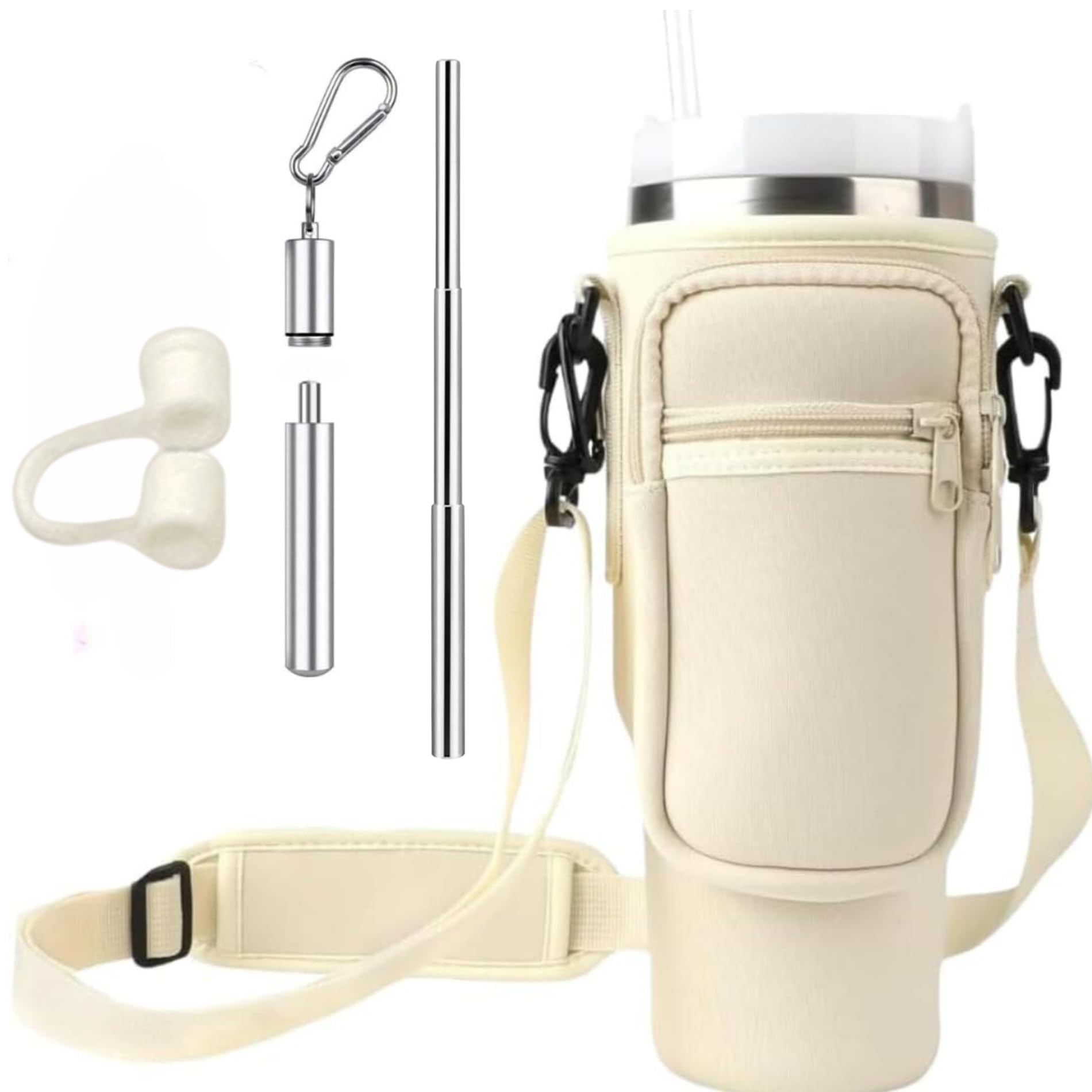 Stanley Cup Bag, Cup Accessories Holder with Adjustable Strap & Phone Pocket for Bottles, 40oz Tumbler for Walking and Hiking (Straw + Bag +Straw Stopper)