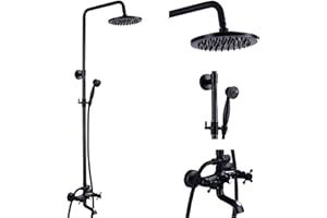 NeierThodore Oil Rubbed Bronze Shower Faucet Set Complete Shower System 8 Rain Shower 2 Cross Knobs Wall Mounted Mixer Bathro