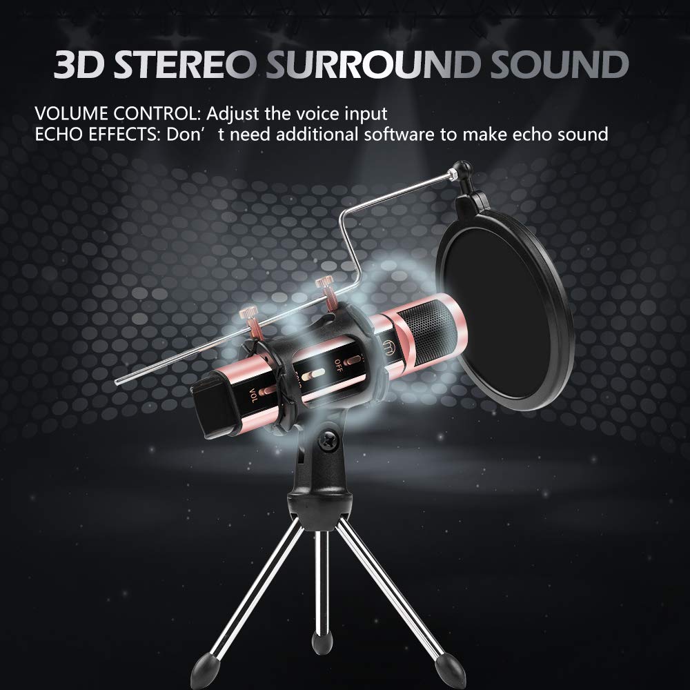 Condenser Microphone, ZealSound Plug&Play Broadcasting Recording Karaoke Microphone Home Studio w/ Mount Stand for iPhone Phone Windows/Mac Podcasters Smule Live Stream Podcasting YouTube (Rose Gold)