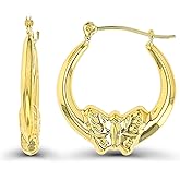 14K Yellow Gold Fancy Hoop Earrings with Hinged Clasp | Cat and Butterfly | Earrings For Sensitive Ears | Yellow Gold Hoops | Solid Gold Earrings For Women