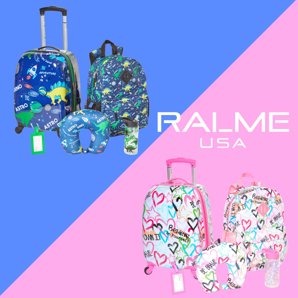 RALME 5 Pc. Boys’ Dinosaur Space Rolling Suitcase Set with Backpack, Neck Pillow, Water Bottle, and Luggage