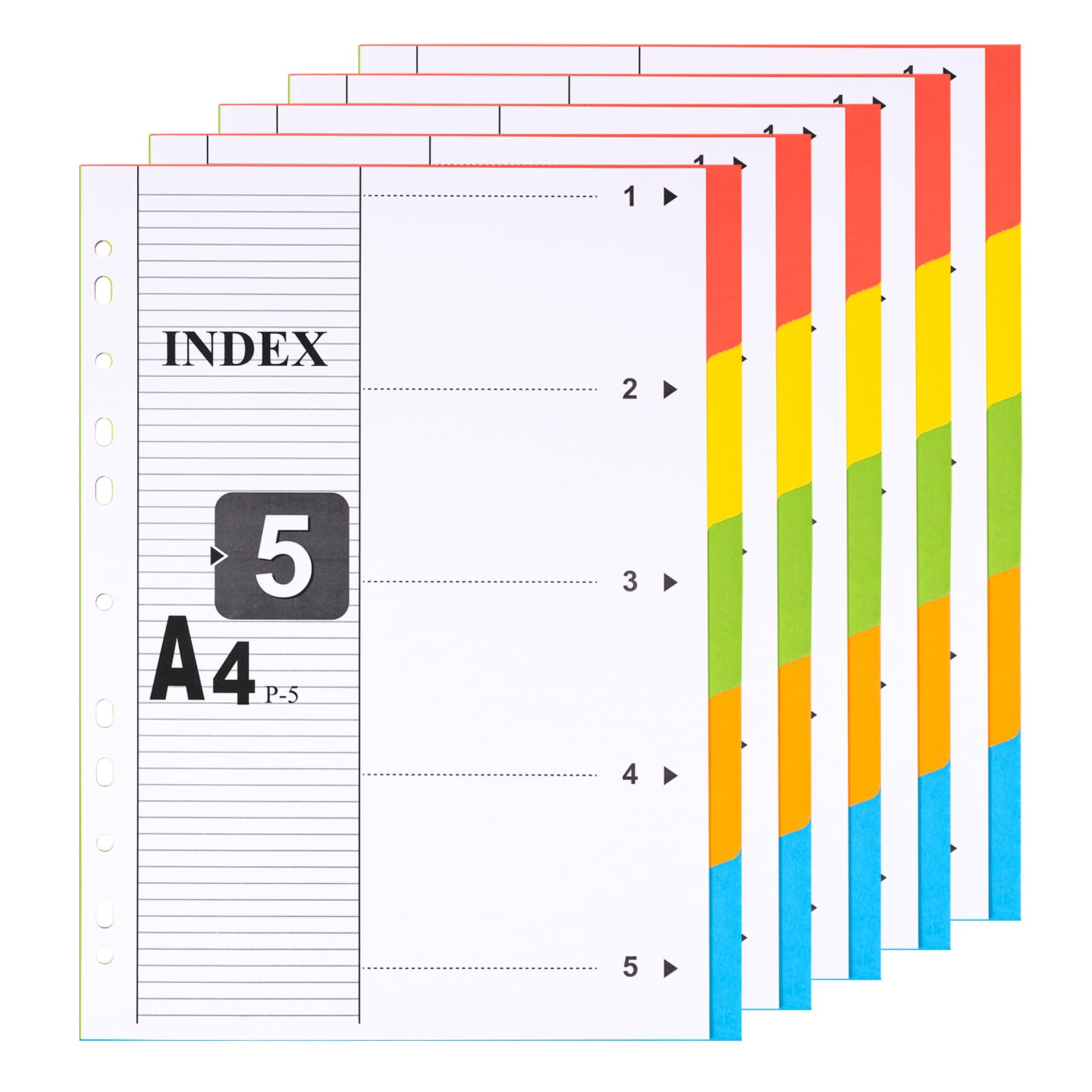 [5 Pack] File Dividers A4,5 Part Numbered 1-5,Subject Divider with Numbers Multipunched Colour Paper Index Tabs