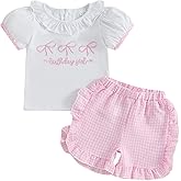 Saliuentm Baby Girl Birthday Outfit Letters Bow Embroidery Short Sleeve Shirts Elastic Waist Shorts Birthday Summer Clothes