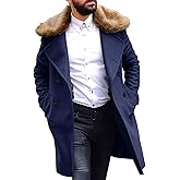 PASLTER Men's Winter Trench Overcoat Removable Faux Fur Collar Top Coat Double Breasted Business Long Pea Coat