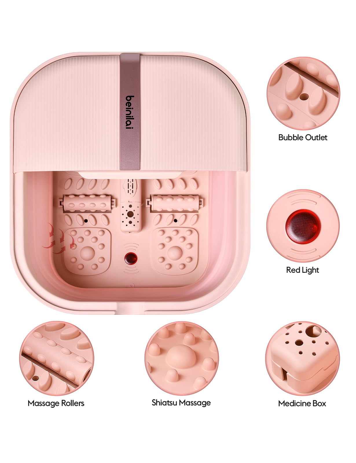 Beinilai Foot Bath Spa with Heat, Bubble Massage and Vibration,Collapsible Foot Soak Tub,2 Feet Rollers, Acupressure Massage Points, Red Light and Foot Scrubber, Pedicure Foot Spa for Women(Pink)
