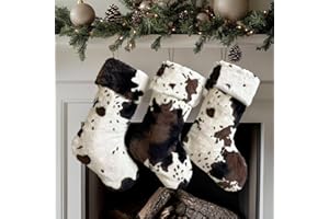 AOGU 3 Pack 19 Inch Cow Christmas Stockings White Faux Fur Xmas Christmas Stockings Hanging Ornaments Candy Gift Bags for Christmas Decorations