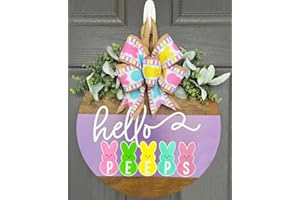 LIN&BABAY Easter Door Decorations Bunny Decor, Easter Bunny Welcome Wreath Sign for Front Door, Wooden Door Hangers Wreath with Bow for Easter Decorations for the Home Party Supplies (Hello Peeps)