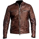 Distressed Brown Motorcycle Real Sheepskin Leather Biker Jacket