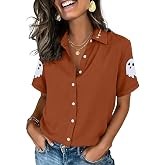 FKQRXO Women's Fall Halloween Button Down Shirt Casual Autumn Pumpkin Spider Witch Broom Cat Thanksgiving Tops
