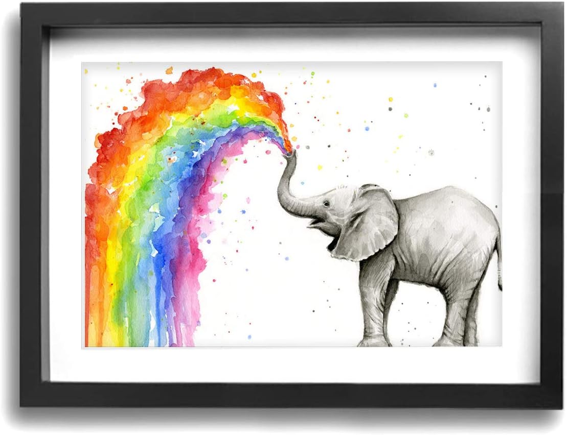 LP ART Baby Elephant Spraying Rainbow Photo Print Art Poster Modern Home Decor Wall Art for Home or Office Decorations 12"x16" Black Framed