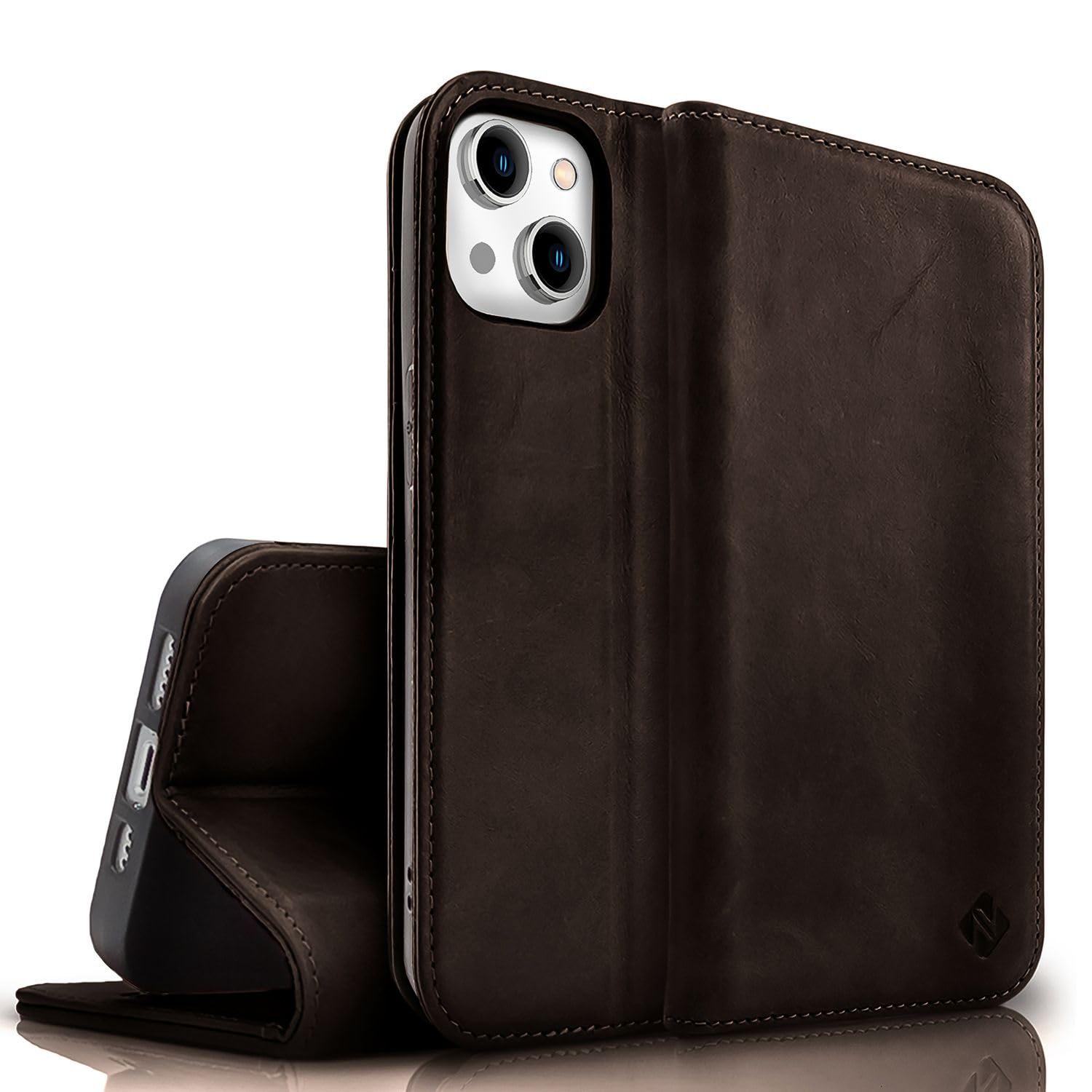 NALIA Genuine Leather Case for iPhone 15 - RFID Wallet & Magnetic Closure - LEVANTO (Handmade Book Cover) - German Brand, Color:Dark Brown