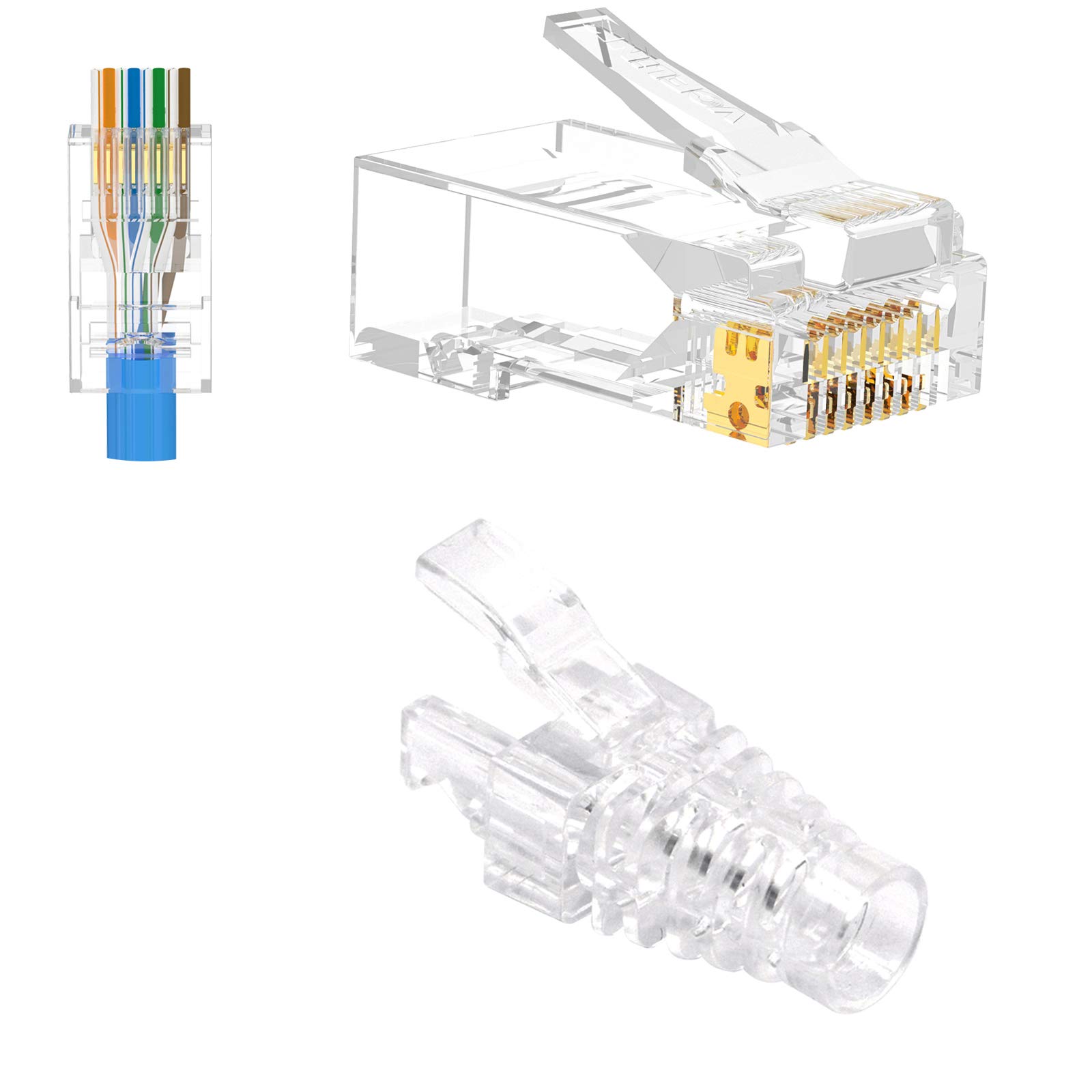 VCE RJ45 Connector Pass Through with RJ45 Boot Cover 25 Pairs, Ethernet Cat6 Plug for Cat6/Cat5/Cat5e UTP Solid & Stranded Network Cable in Transparent
