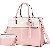 MOSISO Laptop Tote Bag for Women, 15.6 inch Waterproof PU Leather Work Bag with Clutch Purse & Bowknot, Large Capacity Handbag Shoulder Computer Bags Work Briefcase for Business Teacher Office, Pink