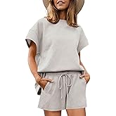 Imily Bela Womens Loungewear Set Short Sleeve Tops and Shorts 2 Piece Outfits Plus Size Oversized Pajama Set with Pockets