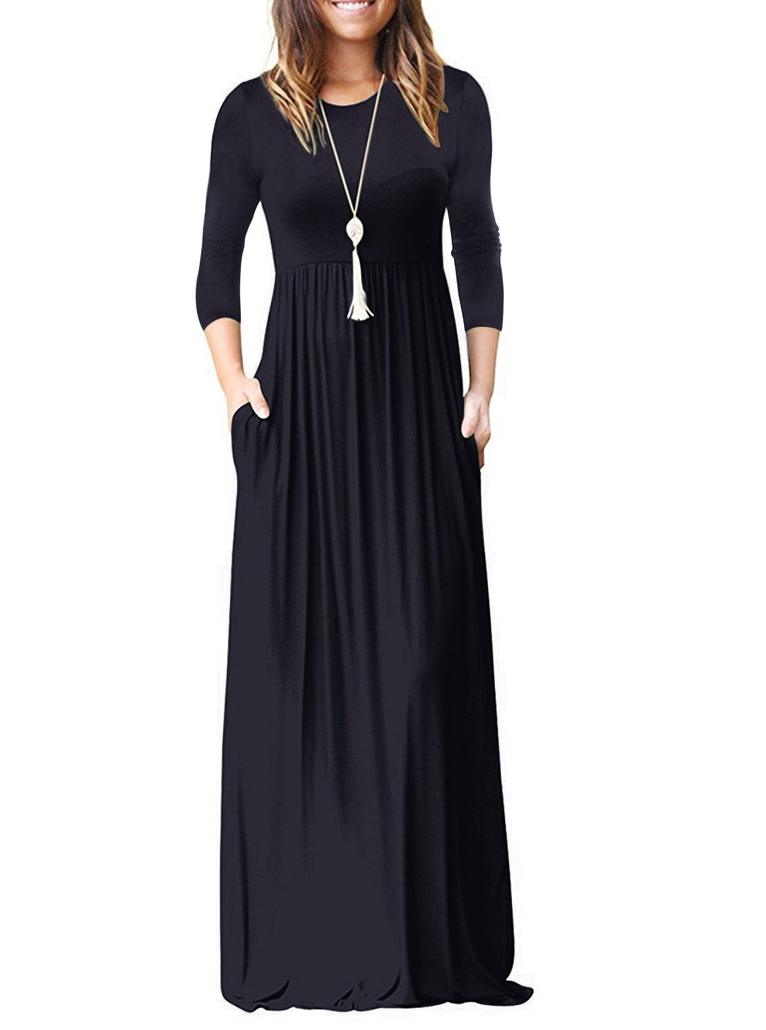 REORIA Women's 3/4 Sleeve Loose Plain Maxi Dresses Casual Long Dresses