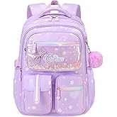 mygreen Cute Girls Backpack with Fluffy Ball Pendant- Large Capacity Water-Resistant School Bag for Ages 6-15 | Heavy-Duty Oxford Fabric | Gift-Ready for Primary to High School Purple