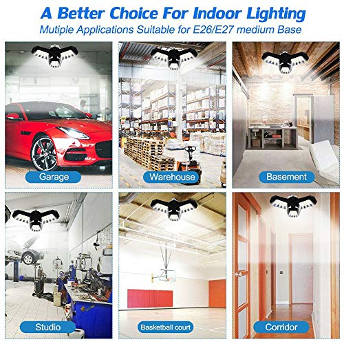 Gyrategirl LED Garage Lights, 80W Deformable Triple Glow Garage Lighting with 3 Adjustable LED Panels, E26 E27 Ceiling Light Led Shop Lights for Garage Warehouse Basement Workshop Outdoor and Yard