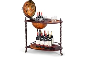 LDAILY Globe Bar, 34.5”Wood Wine Bar Stand with Wheels, Bottom Shelf & Old World Map, 16 Century Italian Replica Globe Bar Liquor Cabinet, Large Capacity Bar Cart for Home, Restaurant, Party