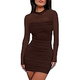 WIHOLL Women's Mesh Sheer Long Sleeve Ruched Mini Dress Sexy Bodycon Mock Neck Cocktail Party Club Spring Dresses 2026