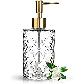 AstraLoom 11oz Glass Soap Dispenser - Crystal Design with Gold Plated Pump, Refillable Lotion Bottle
