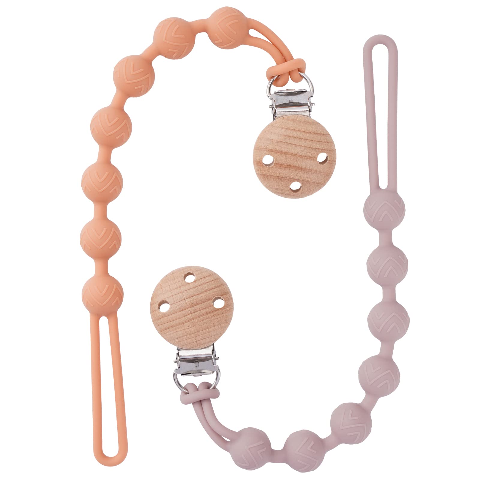 Silicone Dummy Clip for Baby Boys and Girls, One Piece Pacifier Clips, Wooden Soother Clips Design, Fits Most Pacifiers and Teething Toys, 2 Pack (Muted+Dusty Lilac)