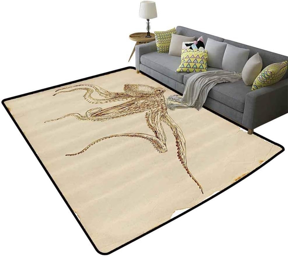 Octopus Decor Collection Living Room Area Rugs Octopus Illustration Sketch Style with Large Tentacles Vintage Art Print Marine Decor Will not Fade Ecru Brown, 5'x 6'(150x180cm)
