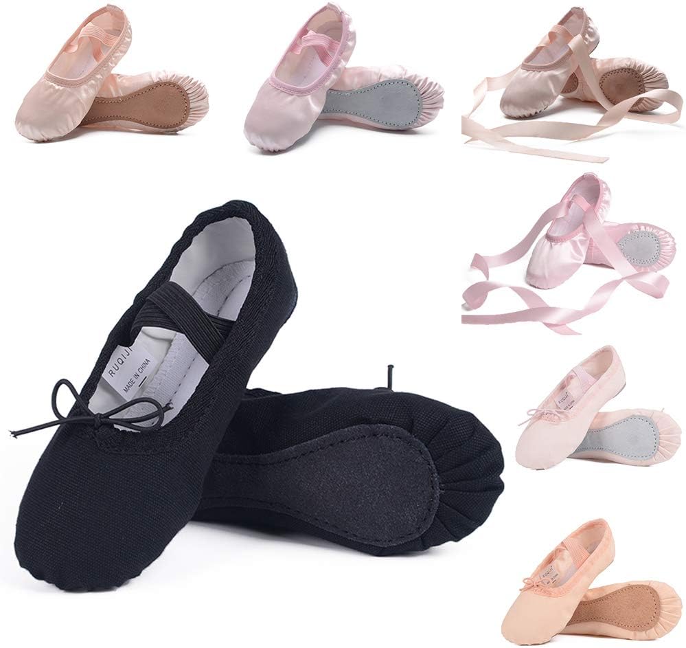 Ruqiji Ballet Shoes for Girls/Toddlers/Kids/Women, Canvas Ballet Shoes/Ballet Slippers/Dance Shoes, Satin Ballet Shoes with Ribbon/Full Sole